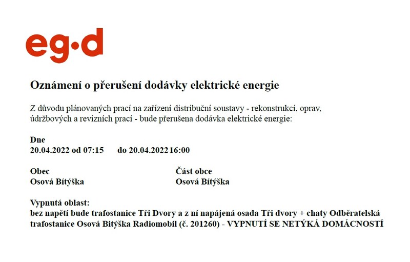 Oznámení o přerušení dodávky elektrické energie 20.04.2022