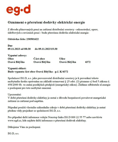 Oznámení o přerušení dodávky elektrické energie 09.11.2023 - K.4372